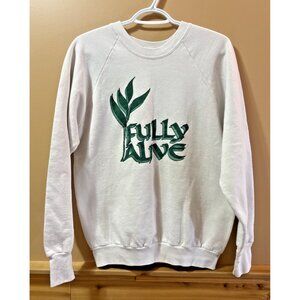 Vintage Fruit of the Loom White Sweatshirt Green Leaf Fully Alive 50% Cotton L